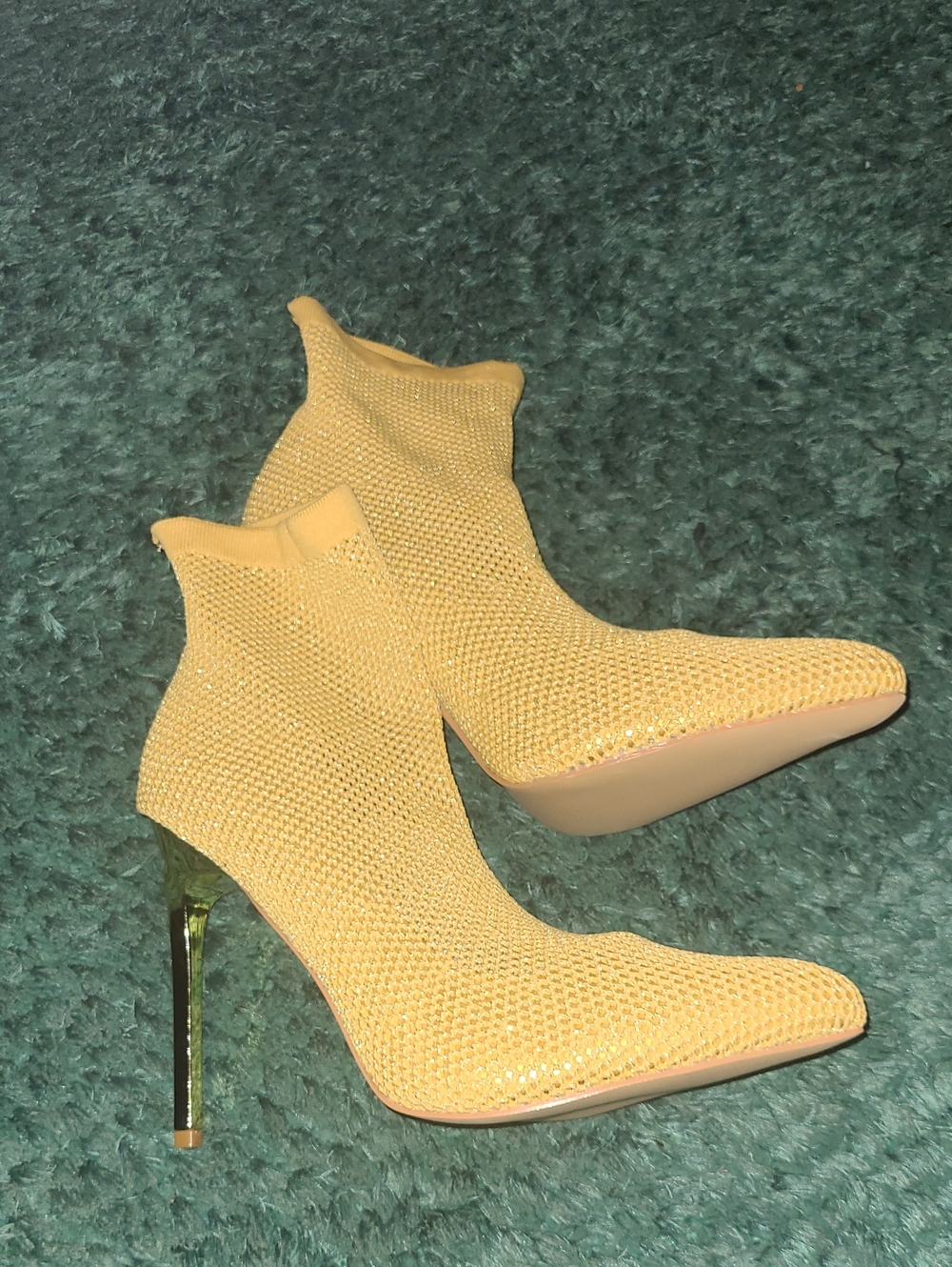 EGO Yellow Knit Sock Ankle Boots with Gold Stiletto Heel